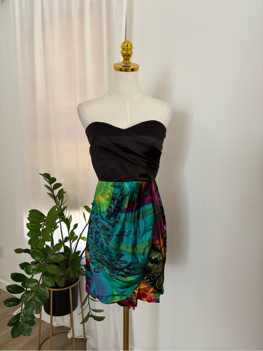 Strapless Black Bodice Multicolor Printed Skirt Dress